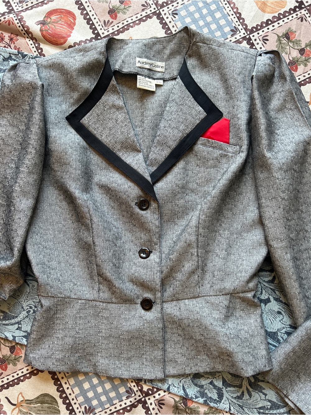 Vintage Audrey Celine gray blazer with black trim and red pocket detail, size 9